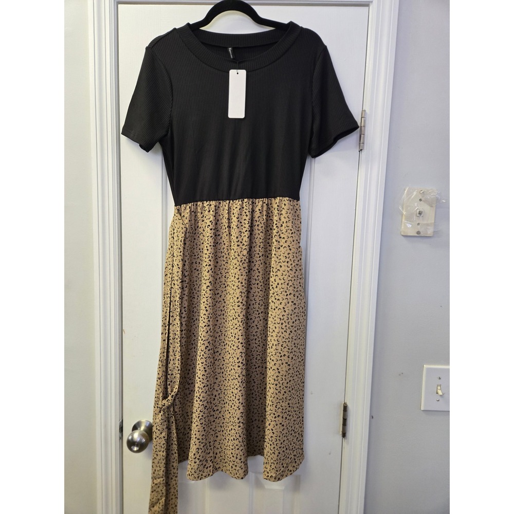 Black Ribbed Leopard Print Midi Dress Short Sleeve Tie Waist M‎ Minimalist Offic